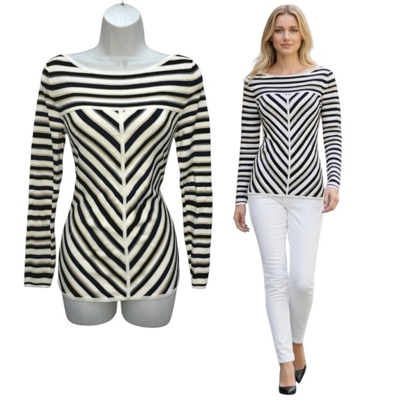 White House Black Market Tops - WHBM Knit Gold Black White Gray Striped Sparkle Stretch Top - Women’s Small